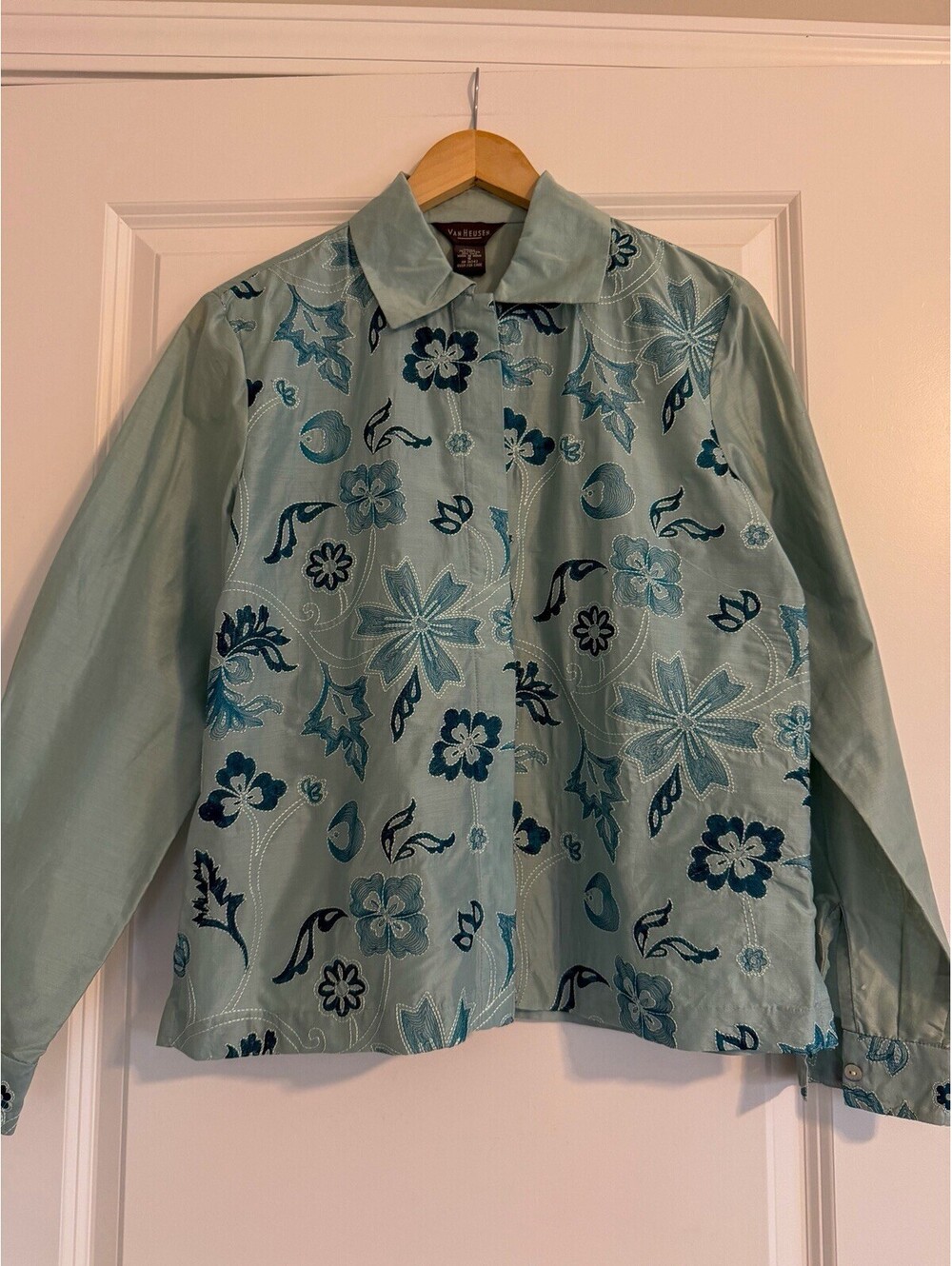 Van Heusen Light Blue Silk-Blend Embroidered Floral Blouse Size S Coastal